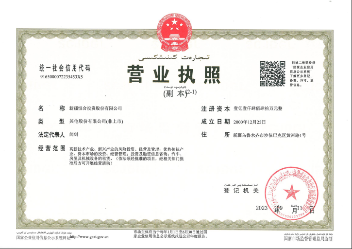新疆恒合投资股份有限公司营业执照（副本）